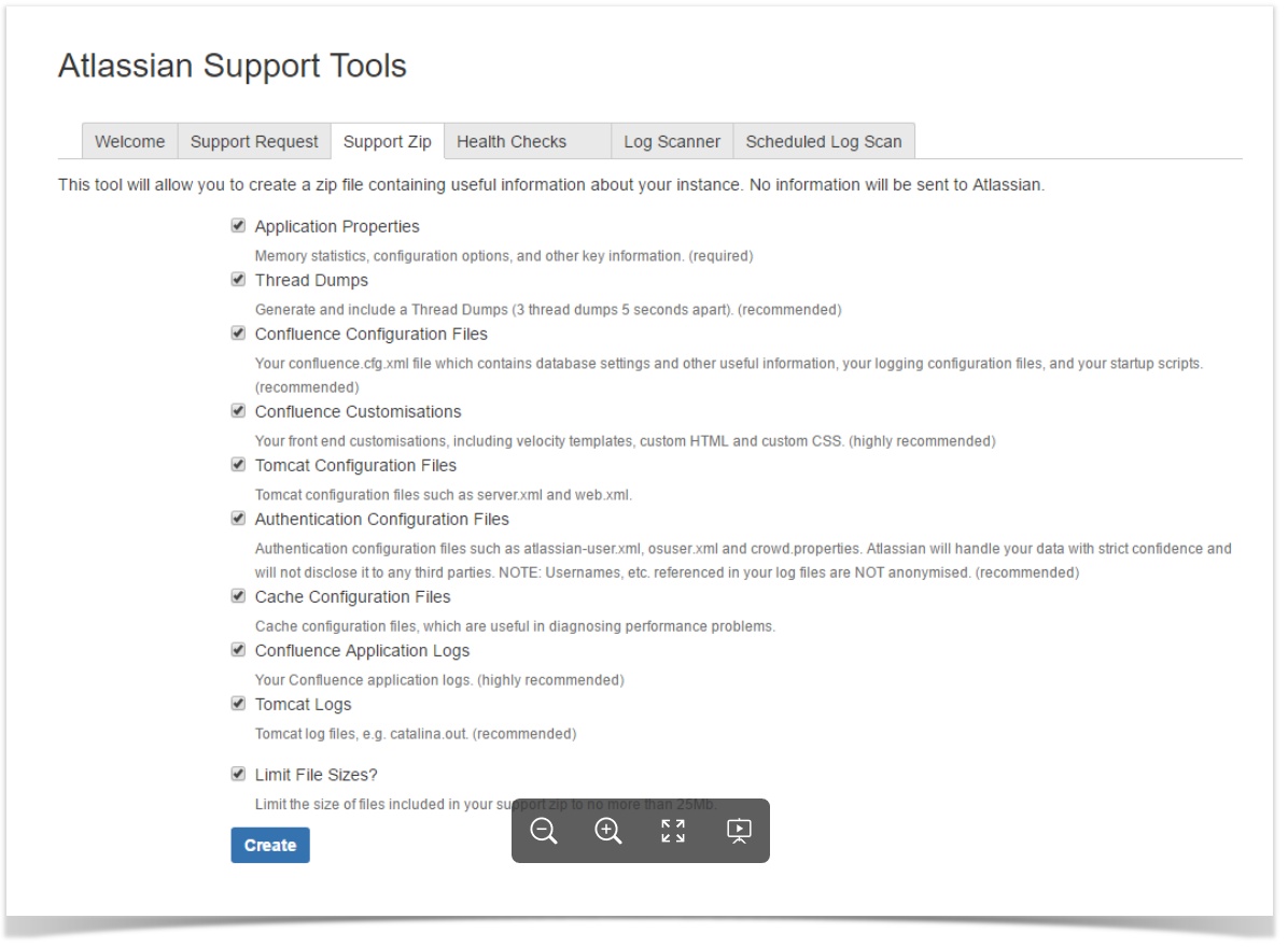 screenshot of the list of checkboxes where you can decide which information should be part of a support zip